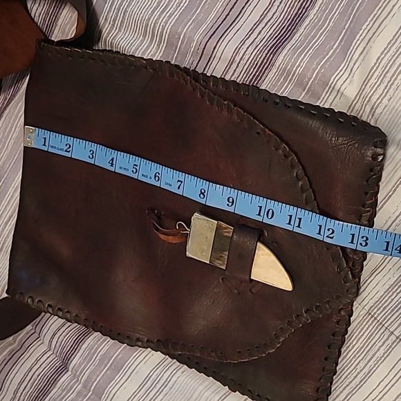 Genuine Leather Brown Flap Crossbody Bag Made In Morocco Natural Horn Pendant - Picture 15 of 16